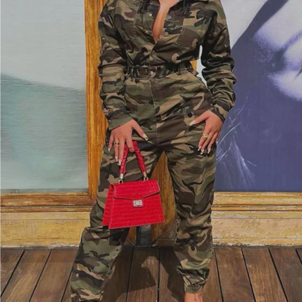 Fashion Nova Green Camouflage Jumpsuit